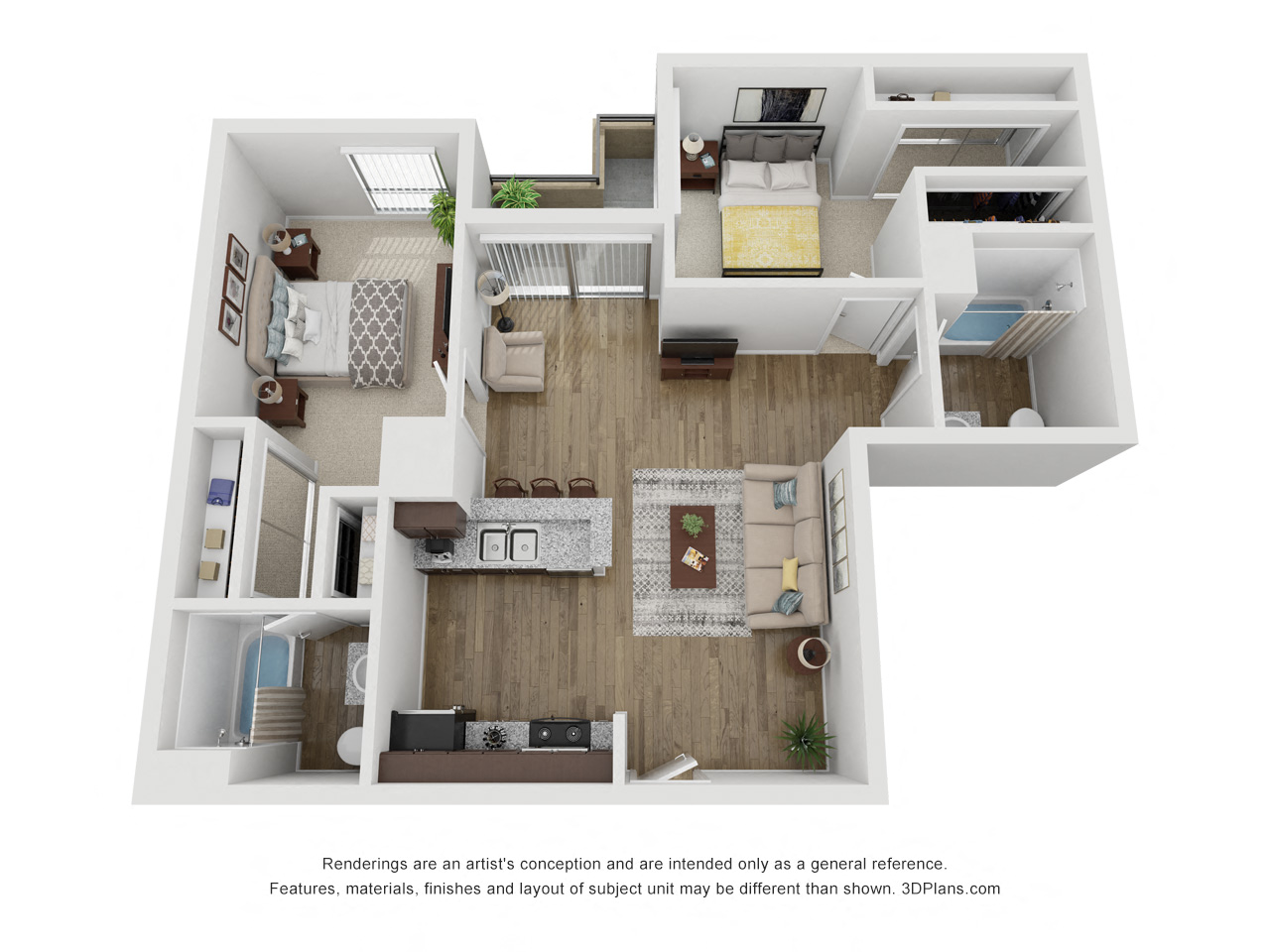Floor plan for 2 beds, 2 baths, 806 sqft